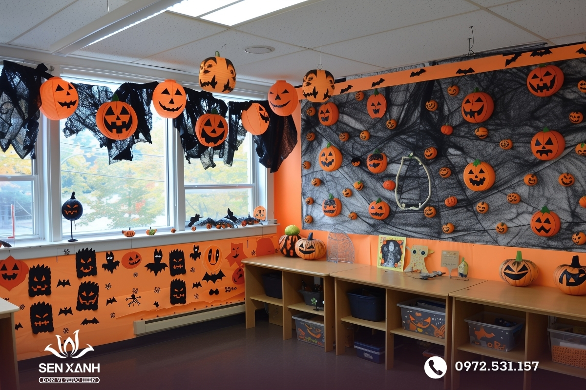 Văn ph&ograve;ng trang tr&iacute; Halloween với t&ocirc;ng m&agrave;u cam đen