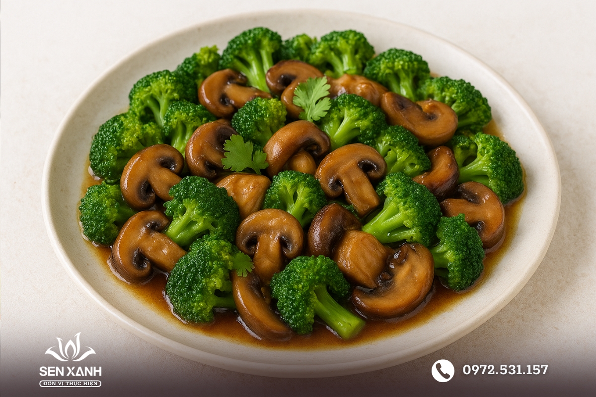 B&ocirc;ng cải xanh sốt nấm thanh m&aacute;t cho thực đơn tiệc tại nh&agrave;