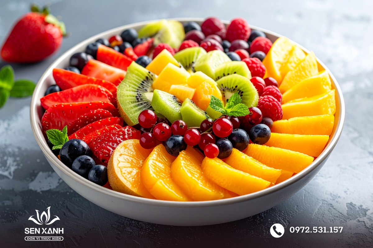 Hoa quả tr&aacute;ng miệng nhiều m&agrave;u sắc tươi m&aacute;t cho tiệc tại nh&agrave;.